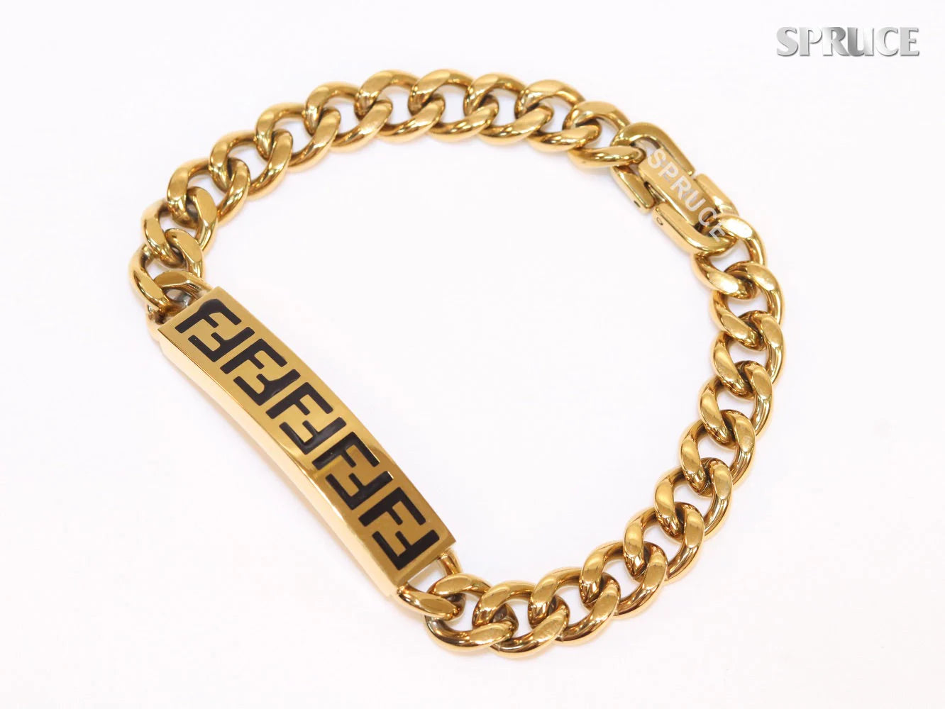 Alphabet F on plate gold link chain bracelet