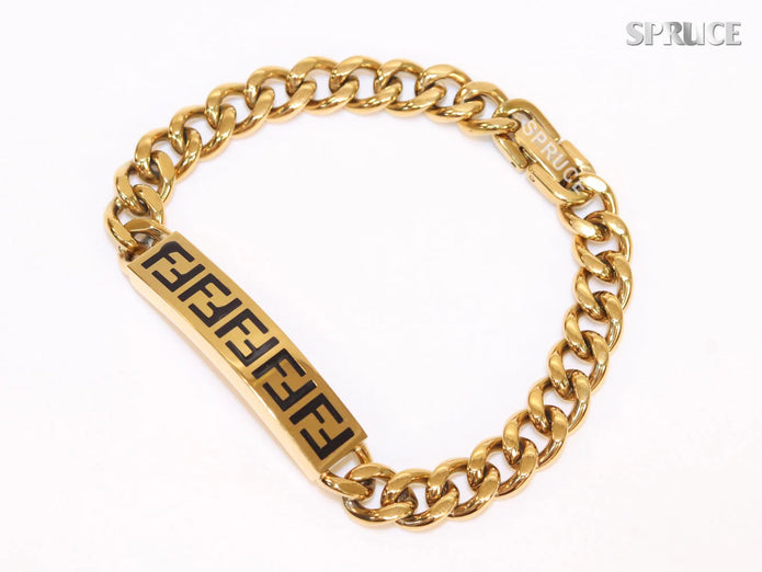 Alphabet F on plate gold link chain bracelet