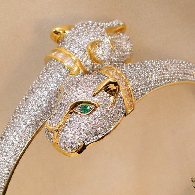 Gold plated cz twin panther openable bracelet