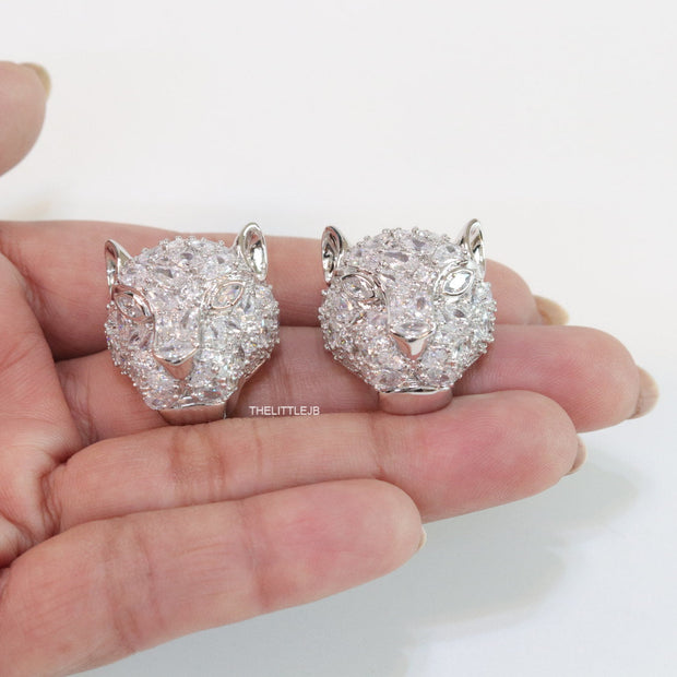 Panther head stud earrings in platinum and cz