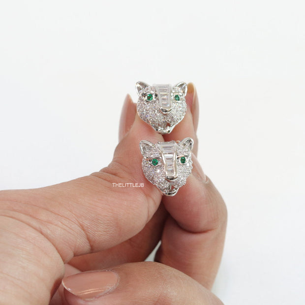 Cz panther stud earrings in platinum finish and emerald green eyes