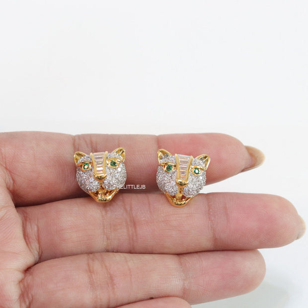 Cz panther stud earrings in gold finish and emerald green eyes