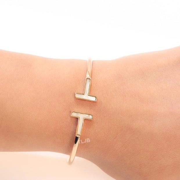 Alphabet T MOP and rose gold sleek bracelet