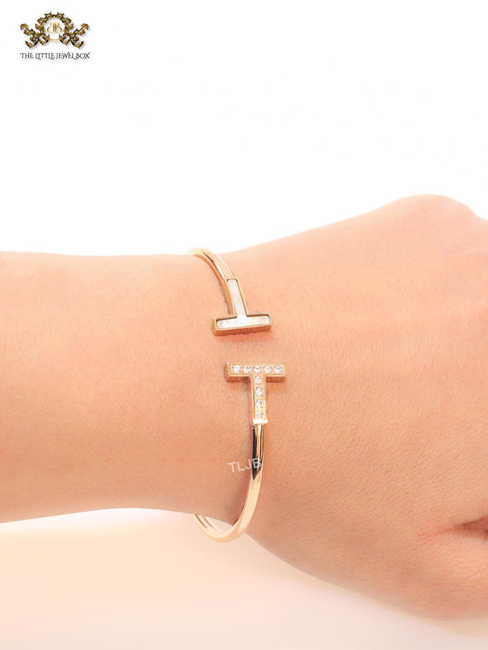 Alphabet T Half MOP and CZ rose gold sleek bracelet