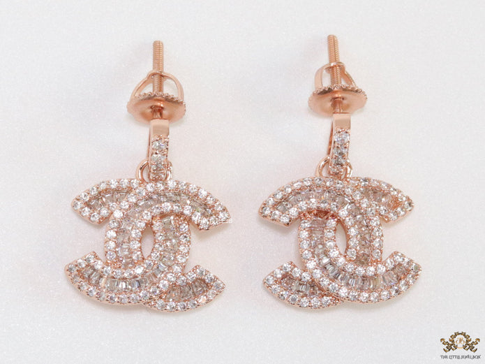 Rose gold plated cz dangle earrings with twin C motif