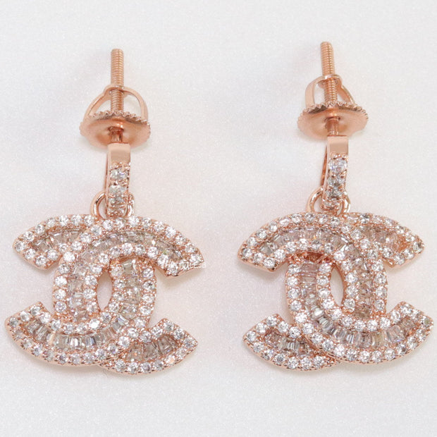Rose gold plated cz dangle earrings with twin C motif