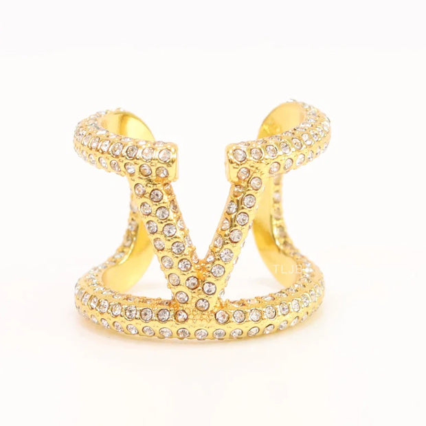 Large cz gold open alphabet V ring