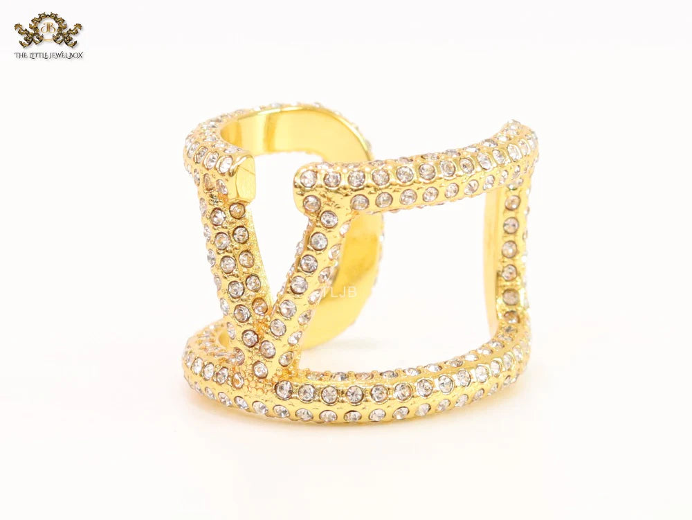 Large cz gold open alphabet V ring