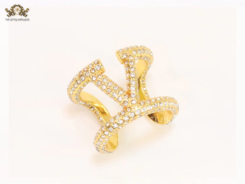 Large cz gold open alphabet V ring