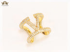 Large cz gold open alphabet V ring