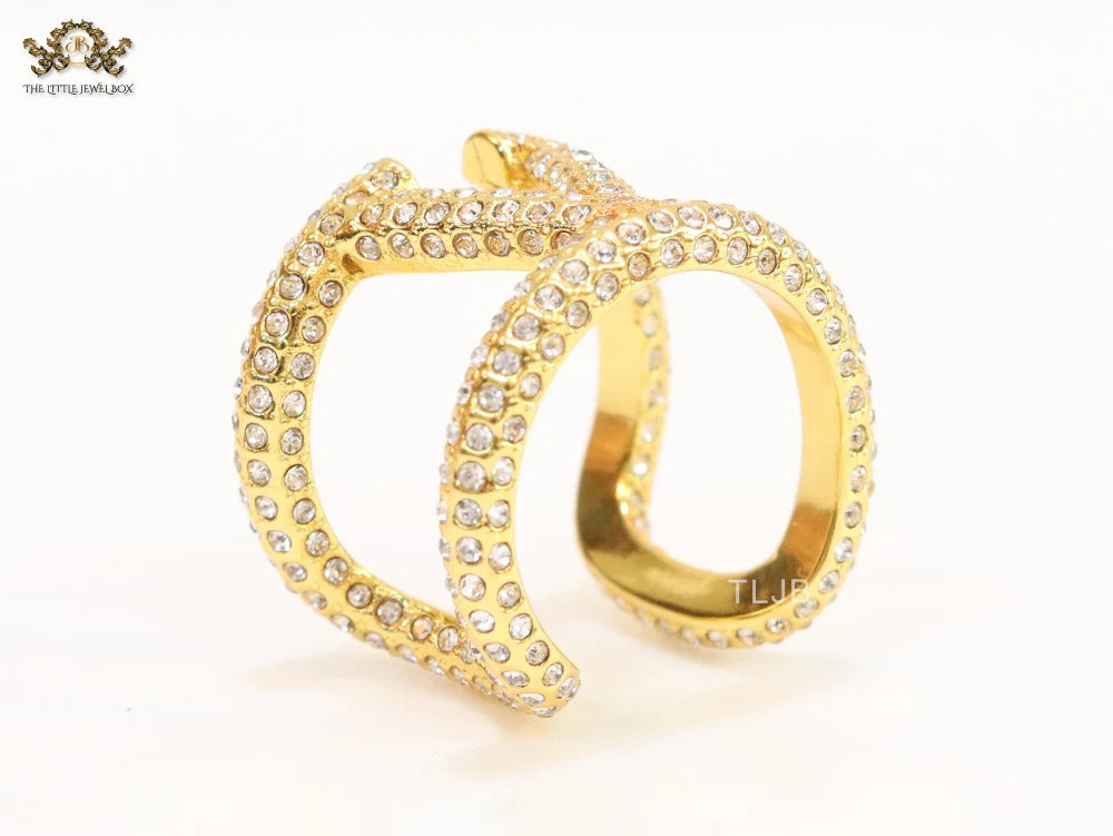 Large cz gold open alphabet V ring