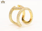 Large cz gold open alphabet V ring