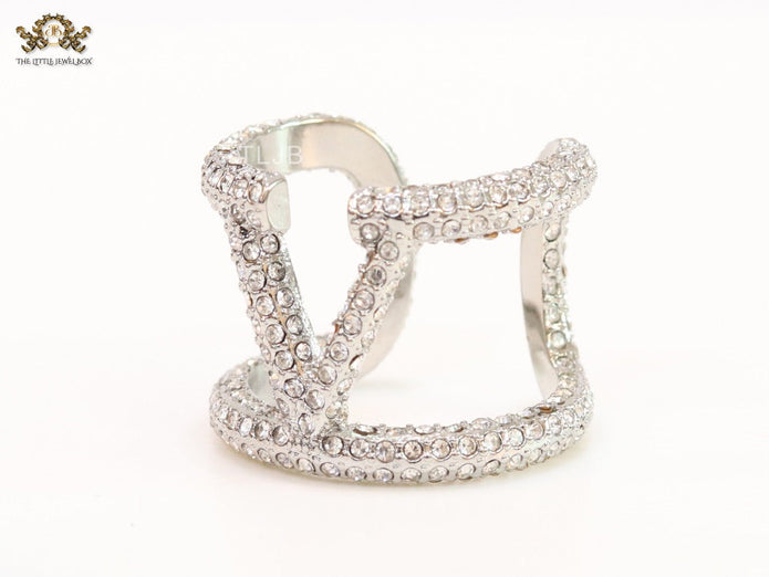 Large cz Silver plated open alphabet V ring