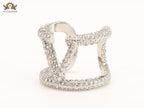 Large cz Silver plated open alphabet V ring