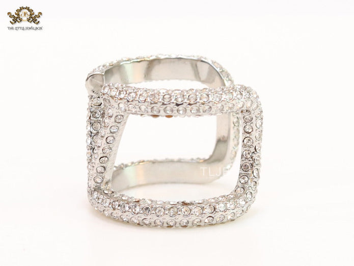 Large cz Silver plated open alphabet V ring