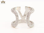 Large cz Silver plated open alphabet V ring