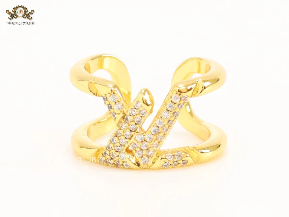 Large cz gold open alphabet L ring
