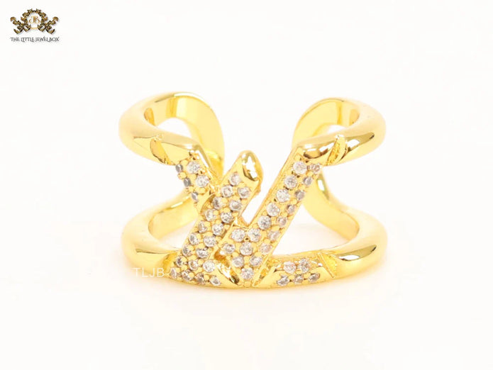 Large cz gold open alphabet L ring