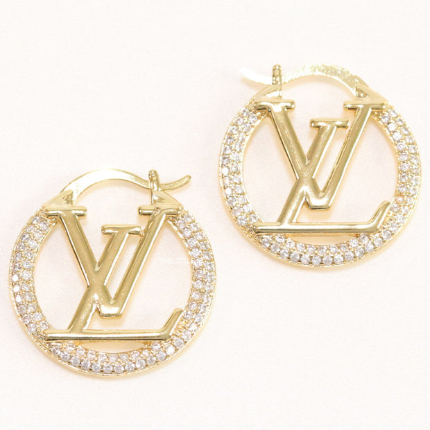 Small gold plated hoops with alphabet motif in cubic zirconia stone 29mm