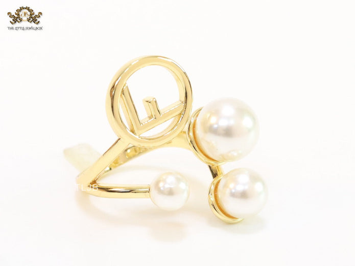 Alphabet F pearl open gold plated ring
