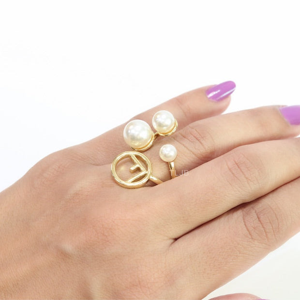 Alphabet F pearl open gold plated ring