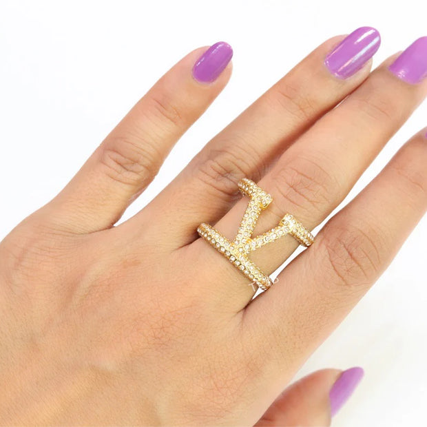Large cz gold open alphabet V ring