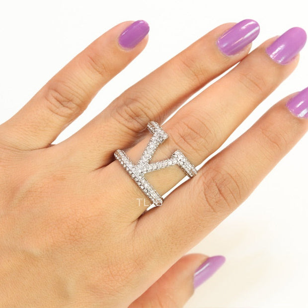 Large cz Silver plated open alphabet V ring