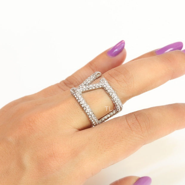 Large cz Silver plated open alphabet V ring