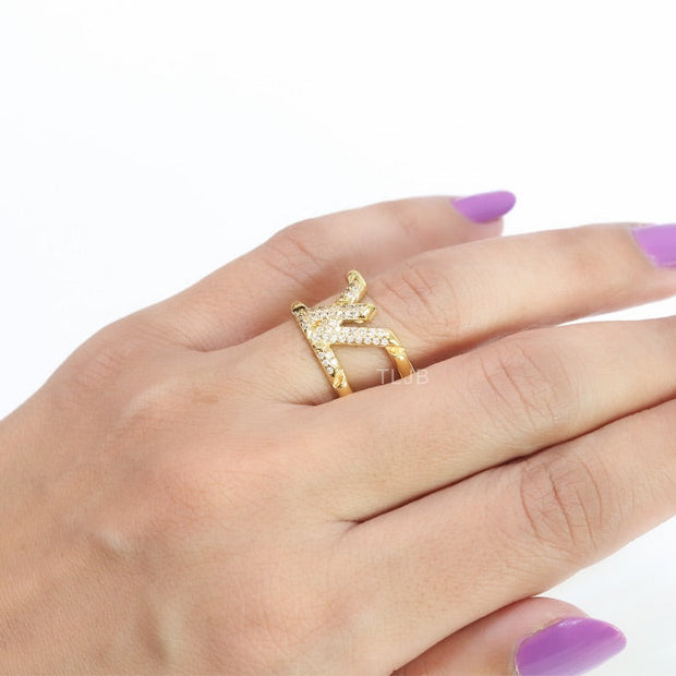 Large cz gold open alphabet L ring