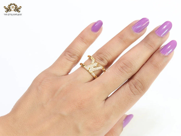 Large cz gold open alphabet L ring