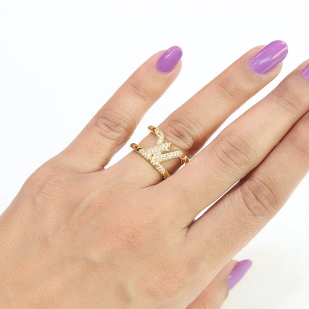 Large cz gold open alphabet L ring
