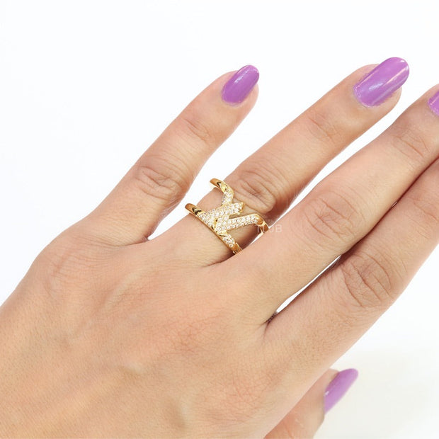 Large cz gold open alphabet L ring