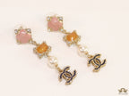 Double C dangles with pink, orange stones, pearls and cz