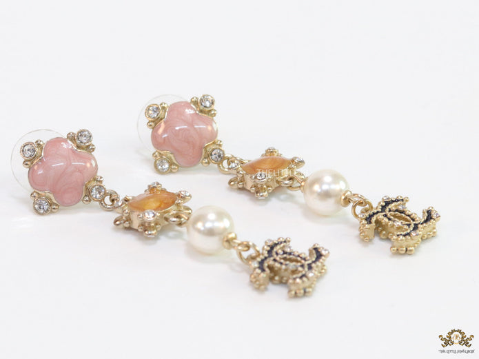 Double C dangles with pink, orange stones, pearls and cz