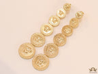 Gold plated embossed Medusa motif on golden circular base with golden details long chain studs