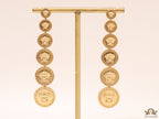 Gold plated embossed Medusa motif on golden circular base with golden details long chain studs