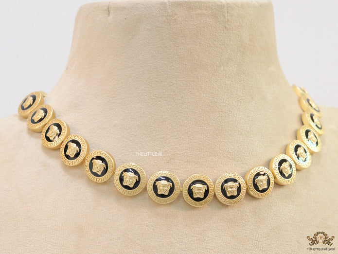 Gold plated Medusa motif on black circles necklace