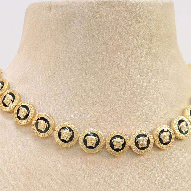 Gold plated Medusa motif on black circles necklace
