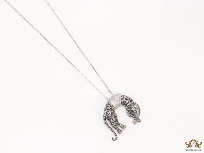 Platinum plated resting leopard pendant with cubic zirconia and Platinum chain
