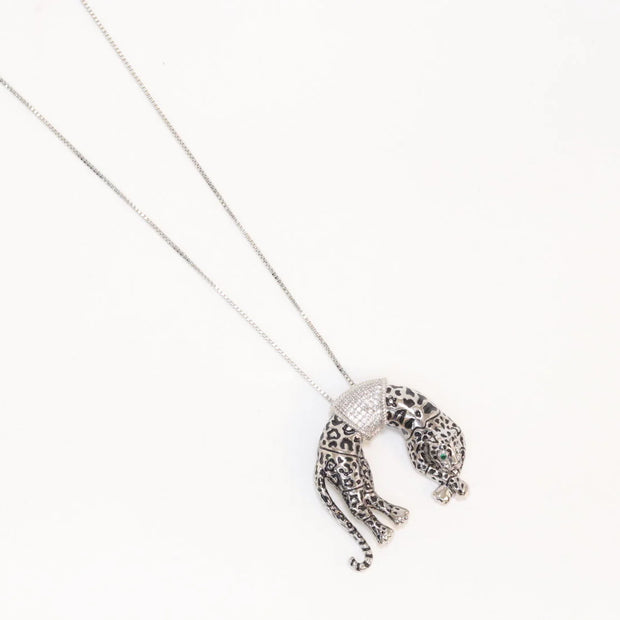 Platinum plated resting leopard pendant with cubic zirconia and Platinum chain