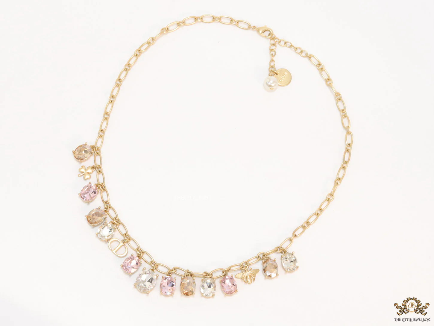 Gold plated link chain with semi precious stones charms and alphabet charm
