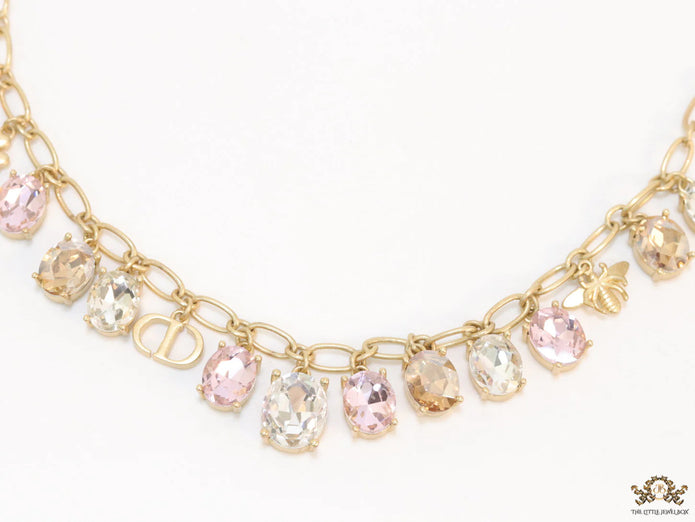 Gold plated link chain with semi precious stones charms and alphabet charm