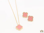Sleek gold plated chain with cubic zirconia studded pink clover shape pendant