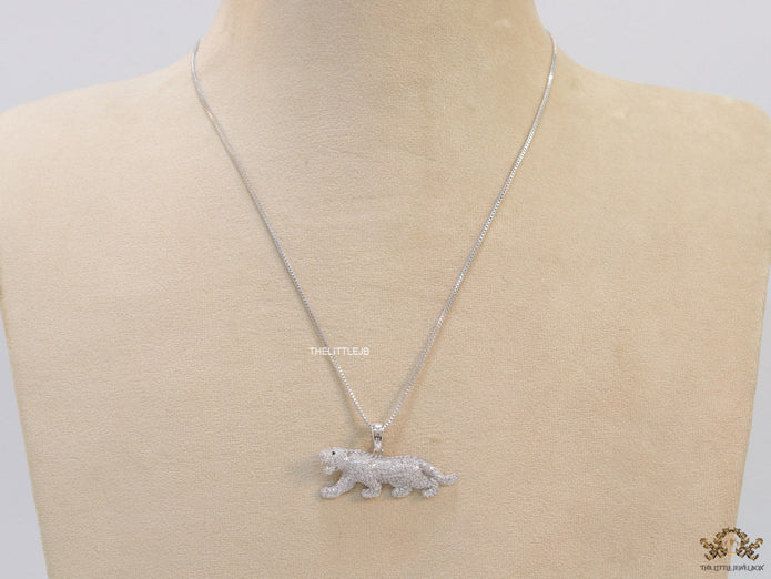 Platinum plated cubic zirconia panther pendant on sleek Platinum plated chain