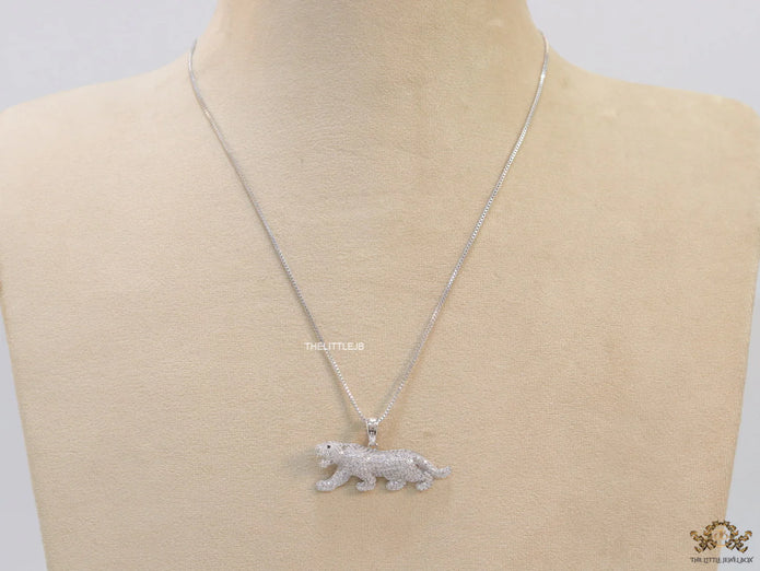 Platinum plated cubic zirconia panther pendant on sleek Platinum plated chain
