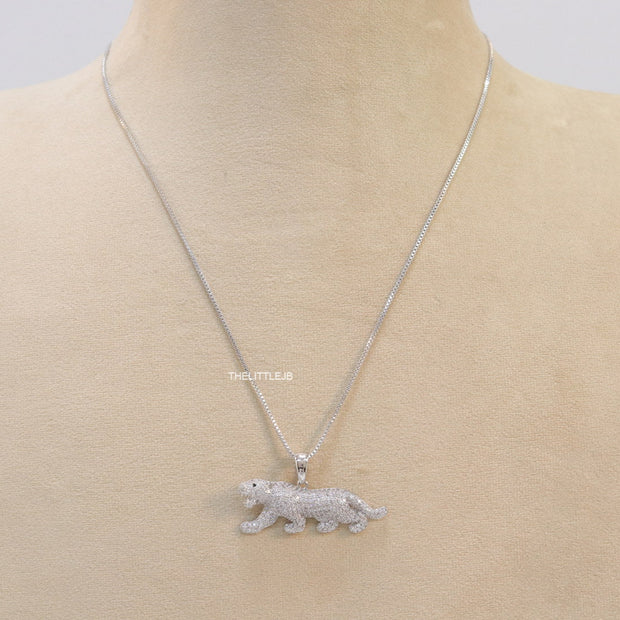 Platinum plated cubic zirconia panther pendant on sleek Platinum plated chain