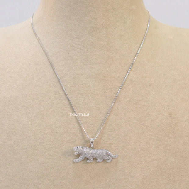 Platinum plated cubic zirconia panther pendant on sleek Platinum plated chain