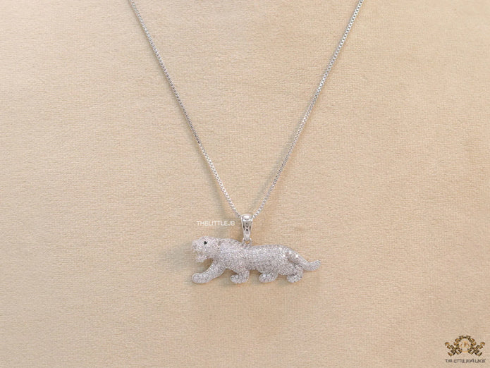 Platinum plated cubic zirconia panther pendant on sleek Platinum plated chain