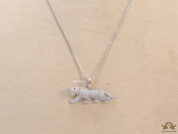 Platinum plated cubic zirconia panther pendant on sleek Platinum plated chain