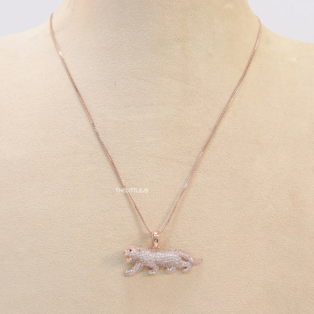 Rose Gold plated cubic zirconia panther pendant on sleek platinum plated chain